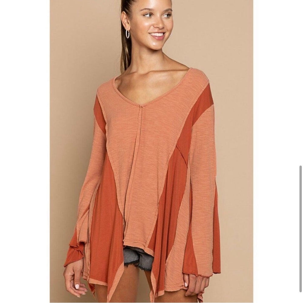 💫POL Copper V Neck Tunic Top Contrast Bell Sleeved Relax Fit